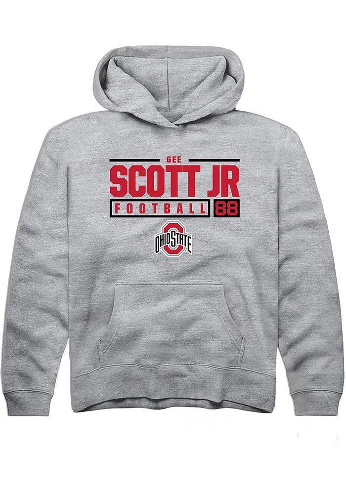 Gee Scott Jr.  Rally Ohio State Buckeyes Youth Grey NIL Stacked Box Long Sleeve Hoodie