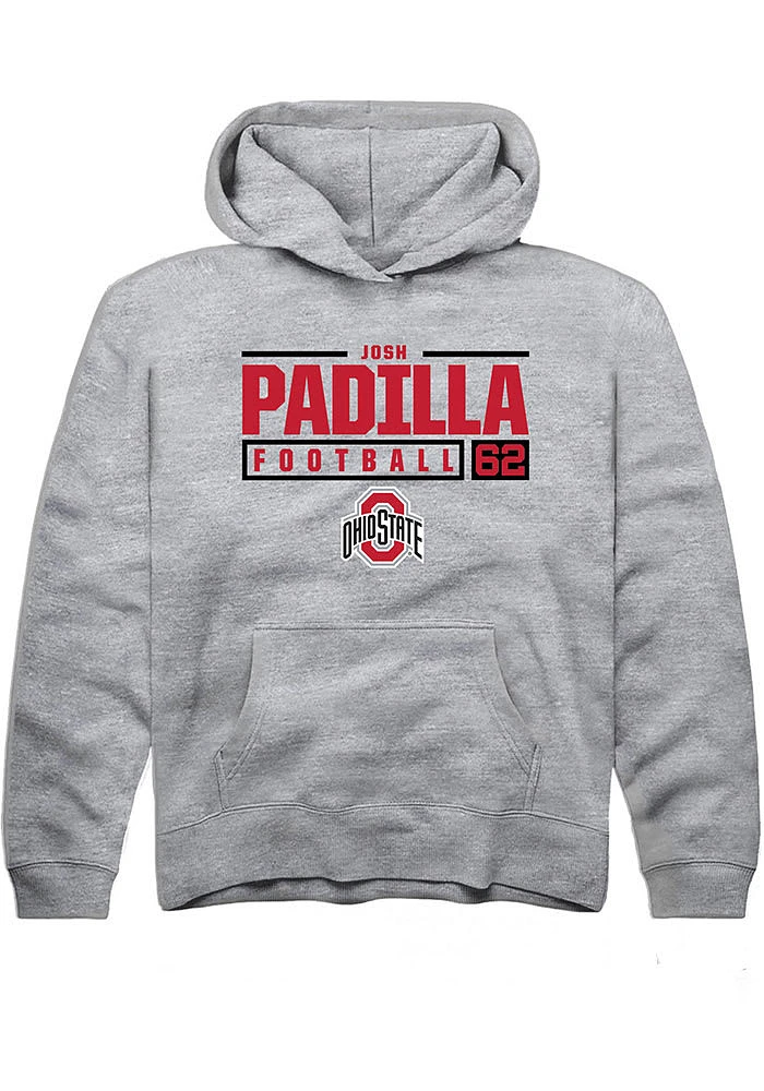 Josh Padilla  Rally Ohio State Buckeyes Youth Grey NIL Stacked Box Long Sleeve Hoodie