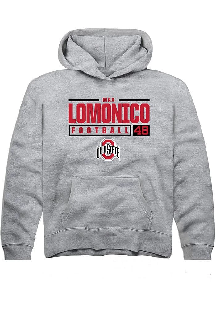 Max Lomonico Rally Ohio State Buckeyes Youth Grey NIL Stacked Box Long Sleeve Hoodie