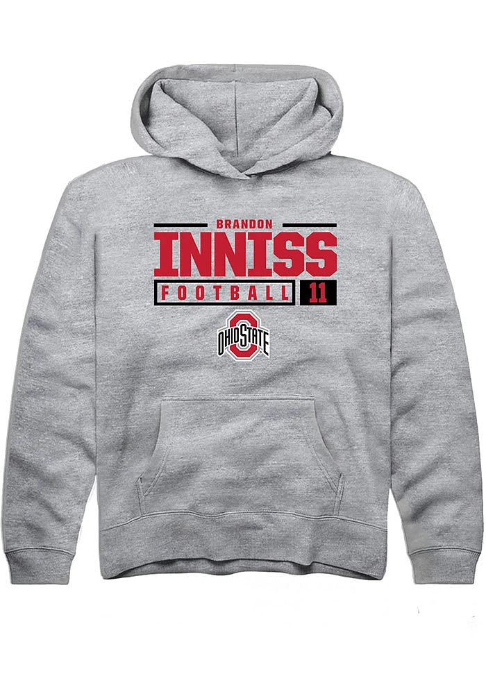 Brandon Inniss Rally Ohio State Buckeyes Youth Grey NIL Stacked Box Long Sleeve Hoodie