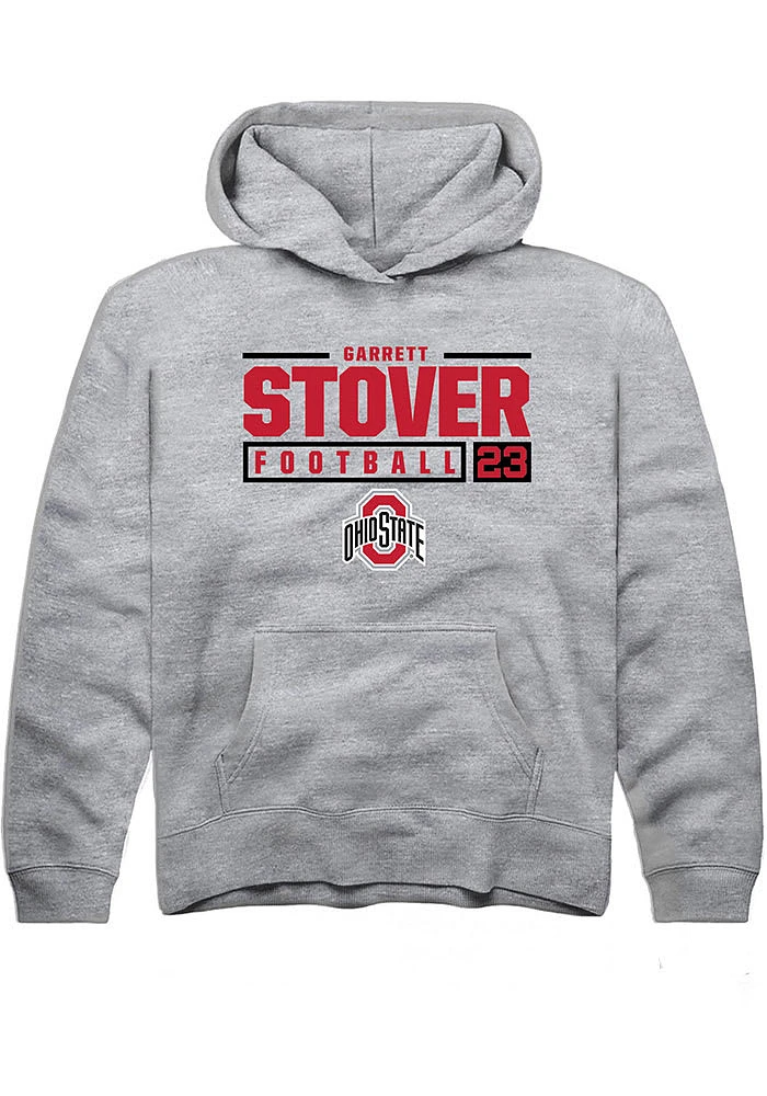 Garrett Stover  Rally Ohio State Buckeyes Youth Grey NIL Stacked Box Long Sleeve Hoodie