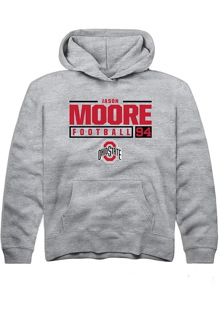Jason Moore Rally Ohio State Buckeyes Youth Grey NIL Stacked Box Long Sleeve Hoodie