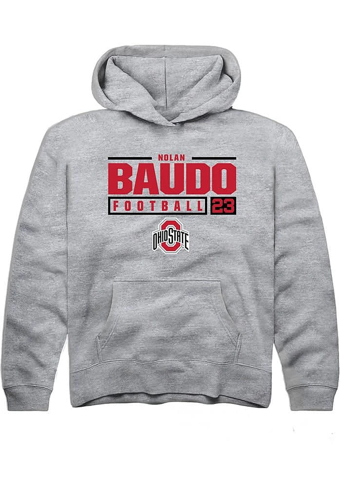 Nolan Baudo  Rally Ohio State Buckeyes Youth Grey NIL Stacked Box Long Sleeve Hoodie