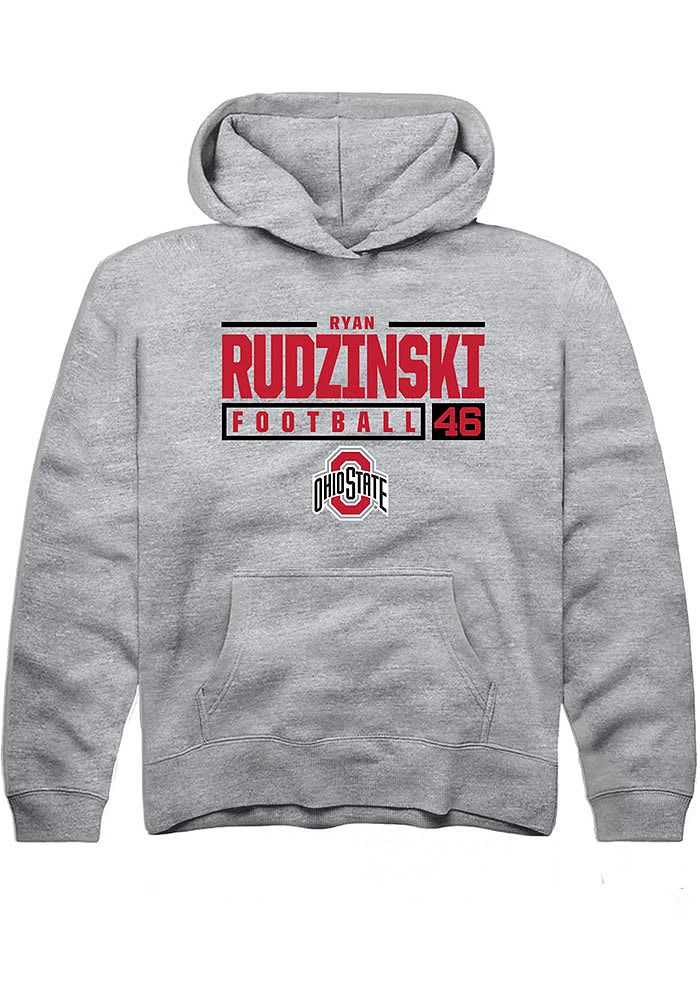 Ryan Rudzinski Rally Ohio State Buckeyes Youth Grey NIL Stacked Box Long Sleeve Hoodie