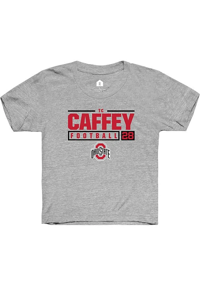 TC Caffey Rally Ohio State Buckeyes Youth Grey NIL Stacked Box Short Sleeve T-Shirt