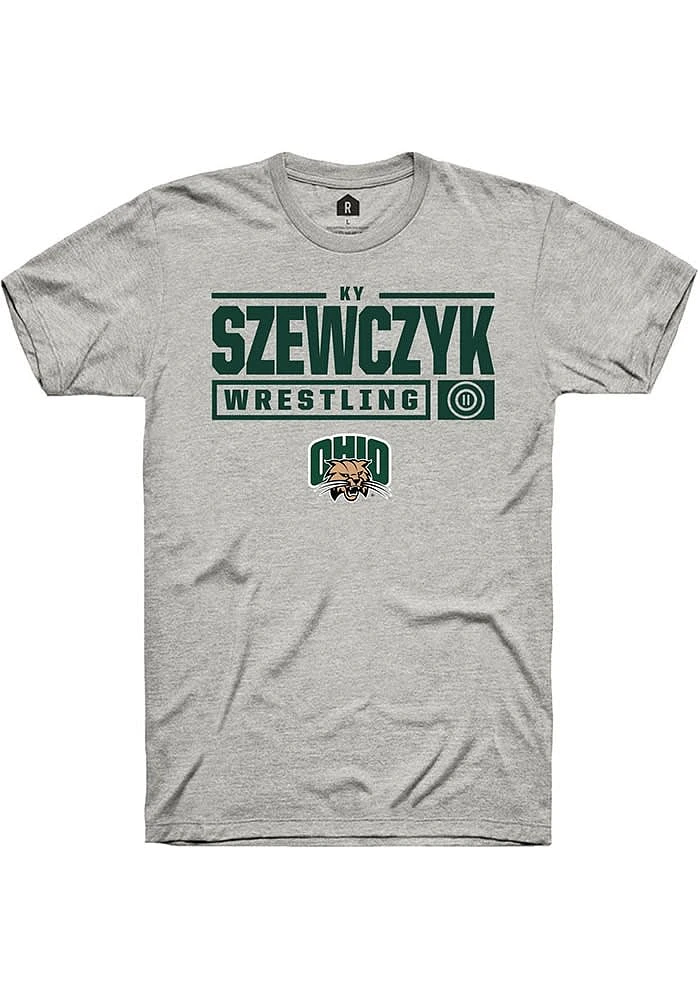 Ky Szewczyk Ohio Bobcats Ash Rally NIL Stacked Box Short Sleeve T Shirt