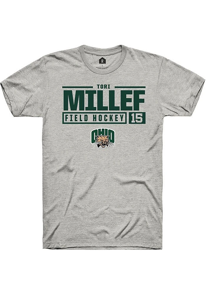 Tori Millef Ohio Bobcats Ash Rally NIL Stacked Box Short Sleeve T Shirt