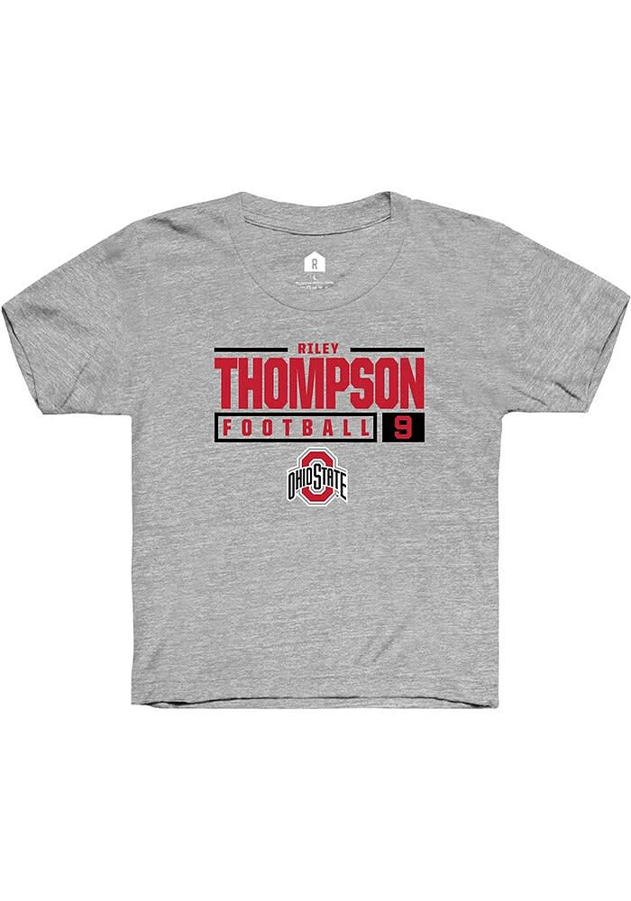 Riley Thompson Rally Ohio State Buckeyes Youth Grey NIL Stacked Box Short Sleeve T-Shirt
