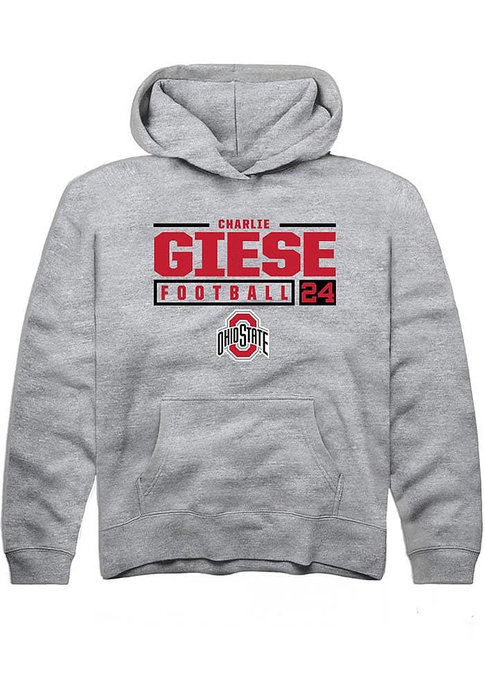 Charlie Giese Rally Ohio State Buckeyes Youth Grey NIL Stacked Box Long Sleeve Hoodie
