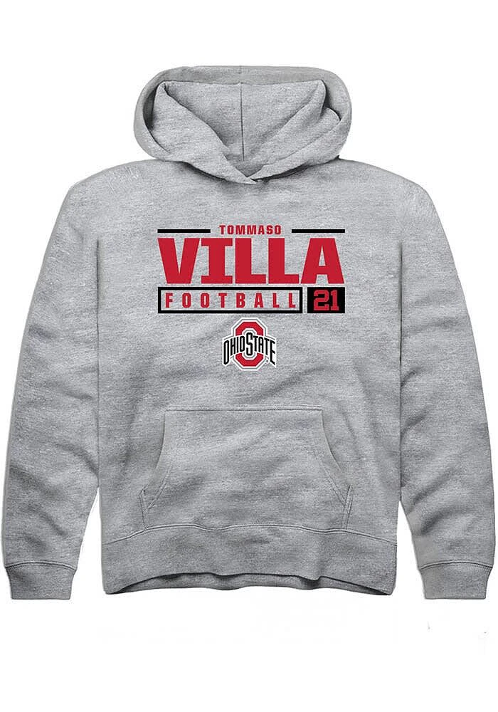 Tommaso Villa Rally Ohio State Buckeyes Youth Grey NIL Stacked Box Long Sleeve Hoodie