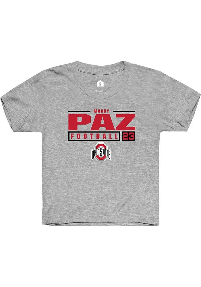 Maddy Paz Rally Ohio State Buckeyes Youth Grey NIL Stacked Box Short Sleeve T-Shirt