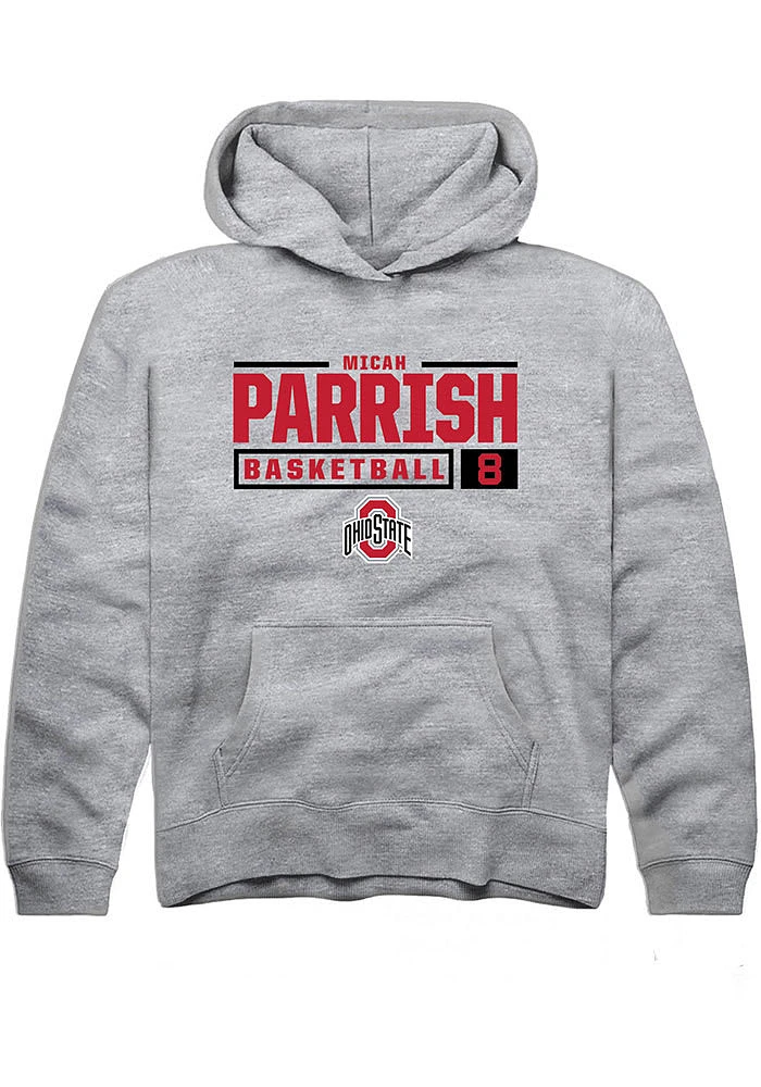 Micah Parrish Rally Ohio State Buckeyes Youth Grey NIL Stacked Box Long Sleeve Hoodie
