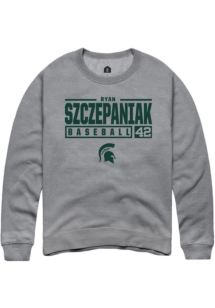 Ryan Szczepaniak Rally Michigan State Spartans Mens Graphite NIL Stacked Box Long Sleeve Crew Swe..