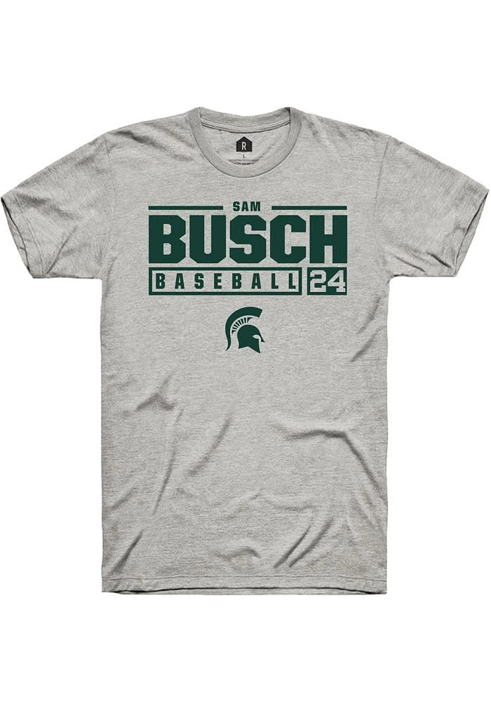 Sam Busch Michigan State Spartans Ash Rally NIL Stacked Box Short Sleeve T Shirt