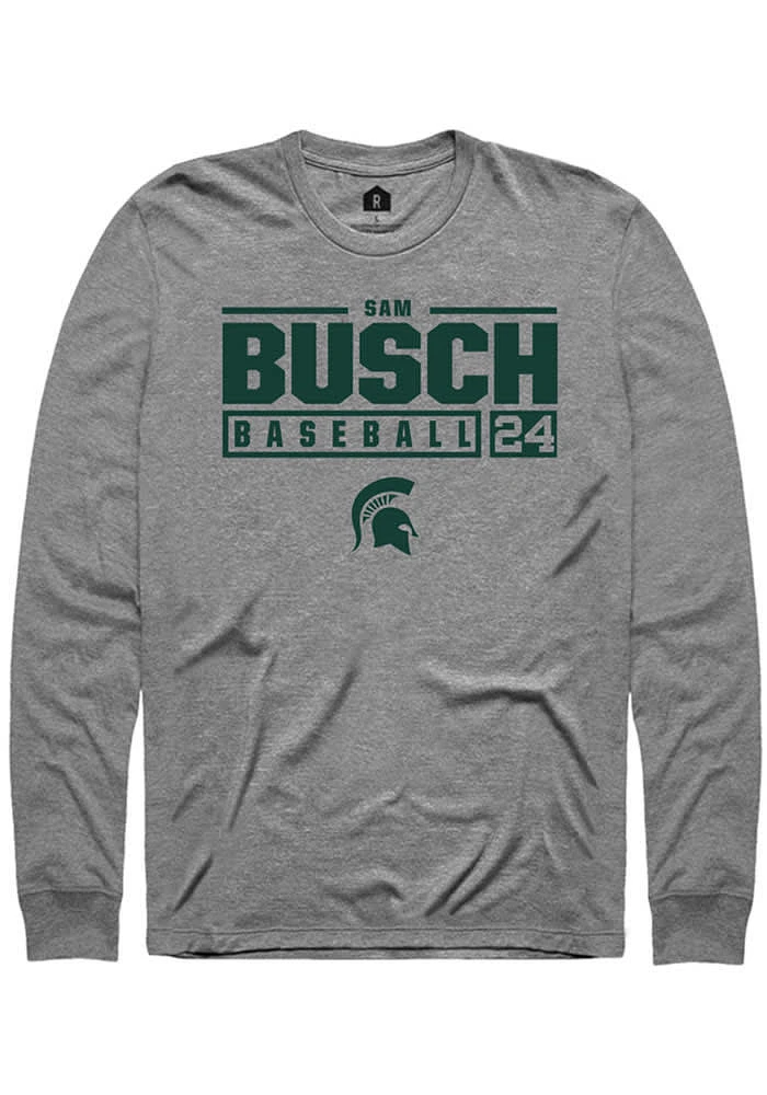 Sam Busch Michigan State Spartans Graphite Rally NIL Stacked Box Long Sleeve T Shirt