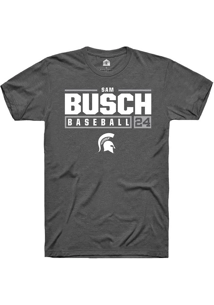 Sam Busch Michigan State Spartans Dark Grey Rally NIL Stacked Box Short Sleeve T Shirt
