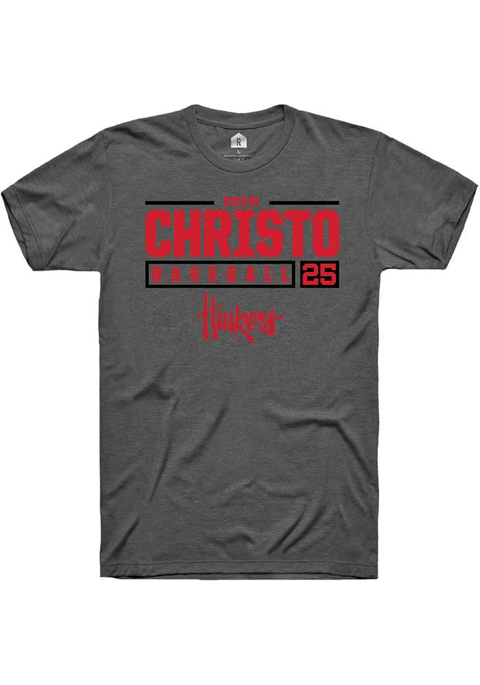Drew Christo Nebraska Cornhuskers Dark Grey Rally NIL Stacked Box Short Sleeve T Shirt
