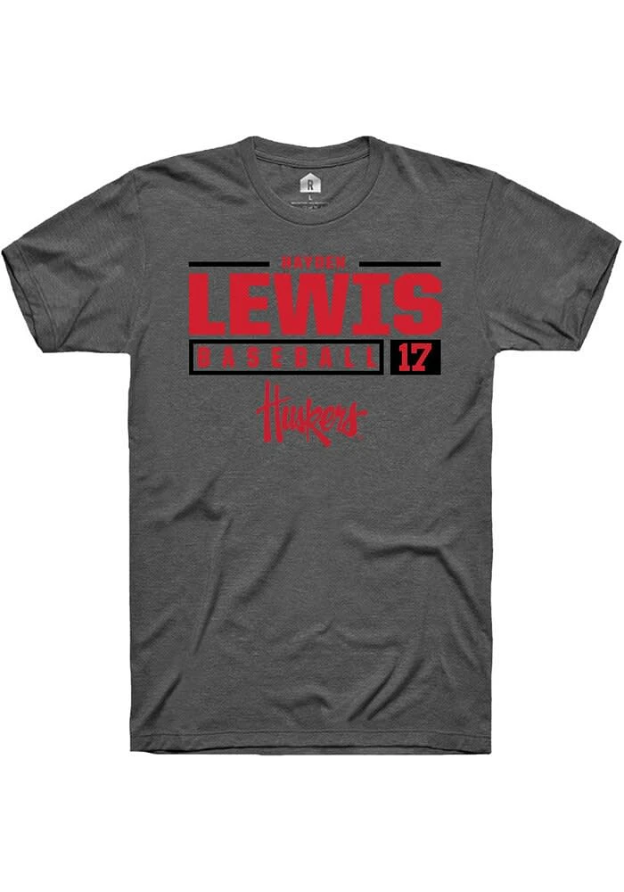 Hayden Lewis Nebraska Cornhuskers Dark Grey Rally NIL Stacked Box Short Sleeve T Shirt