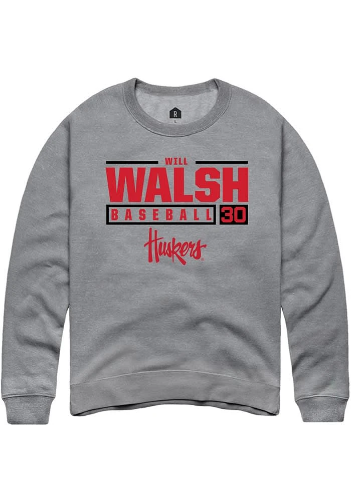 Will Walsh Rally Nebraska Cornhuskers Mens Graphite NIL Stacked Box Long Sleeve Crew Sweatshirt