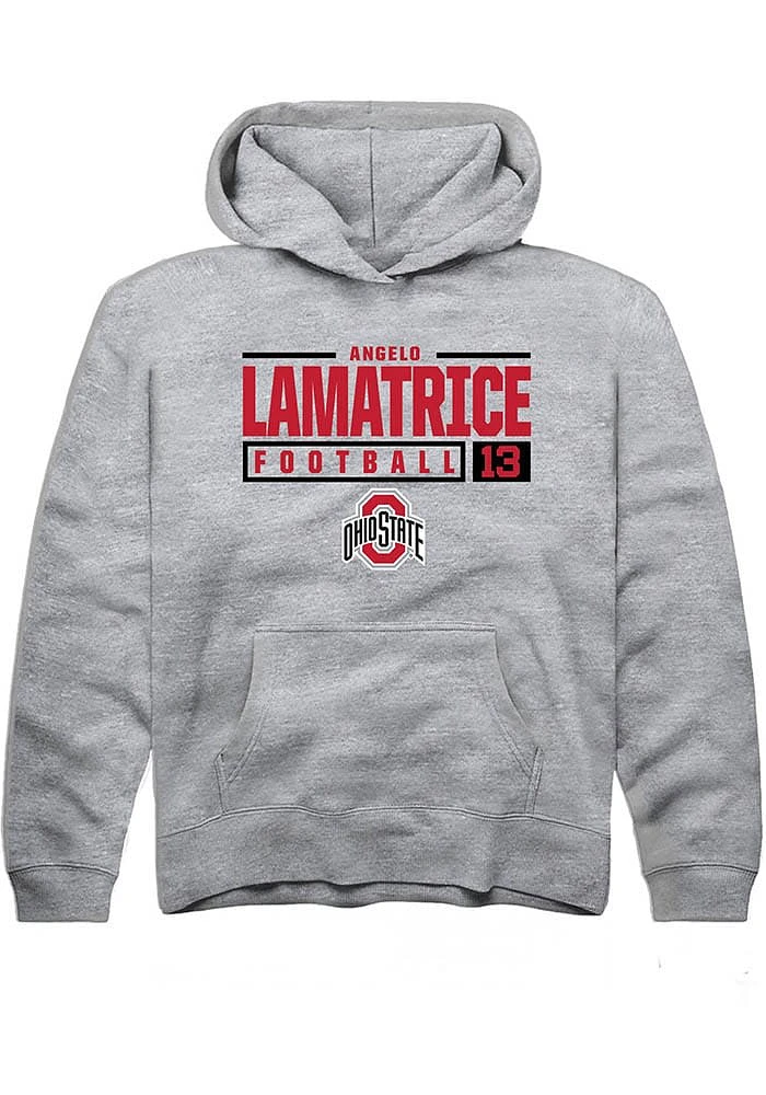Angelo Lamatrice Rally Ohio State Buckeyes Youth Grey NIL Stacked Box Long Sleeve Hoodie