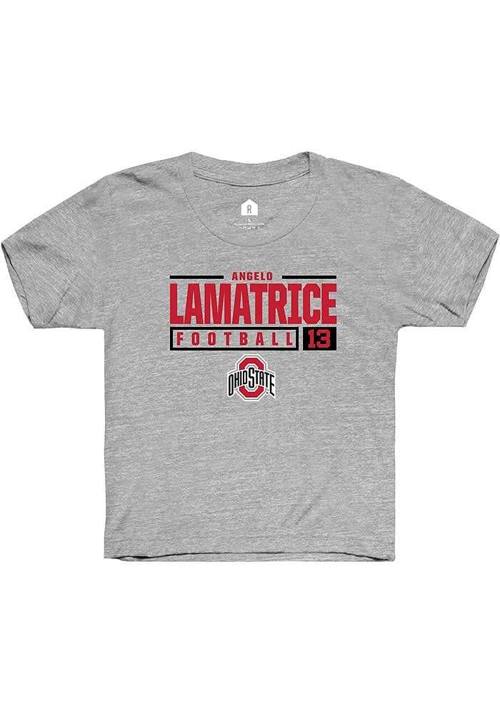 Angelo Lamatrice Rally Ohio State Buckeyes Youth Grey NIL Stacked Box Short Sleeve T-Shirt