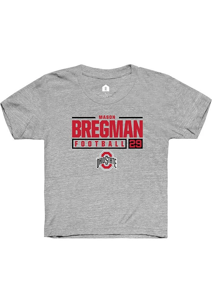 Mason Bregman Rally Ohio State Buckeyes Youth Grey NIL Stacked Box Short Sleeve T-Shirt