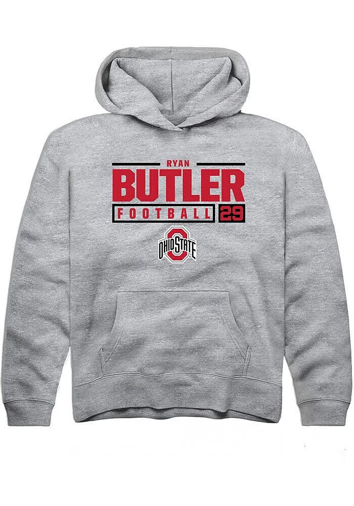 Ryan Butler Rally Ohio State Buckeyes Youth Grey NIL Stacked Box Long Sleeve Hoodie