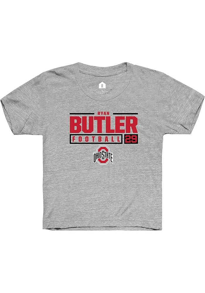 Ryan Butler Rally Ohio State Buckeyes Youth Grey NIL Stacked Box Short Sleeve T-Shirt