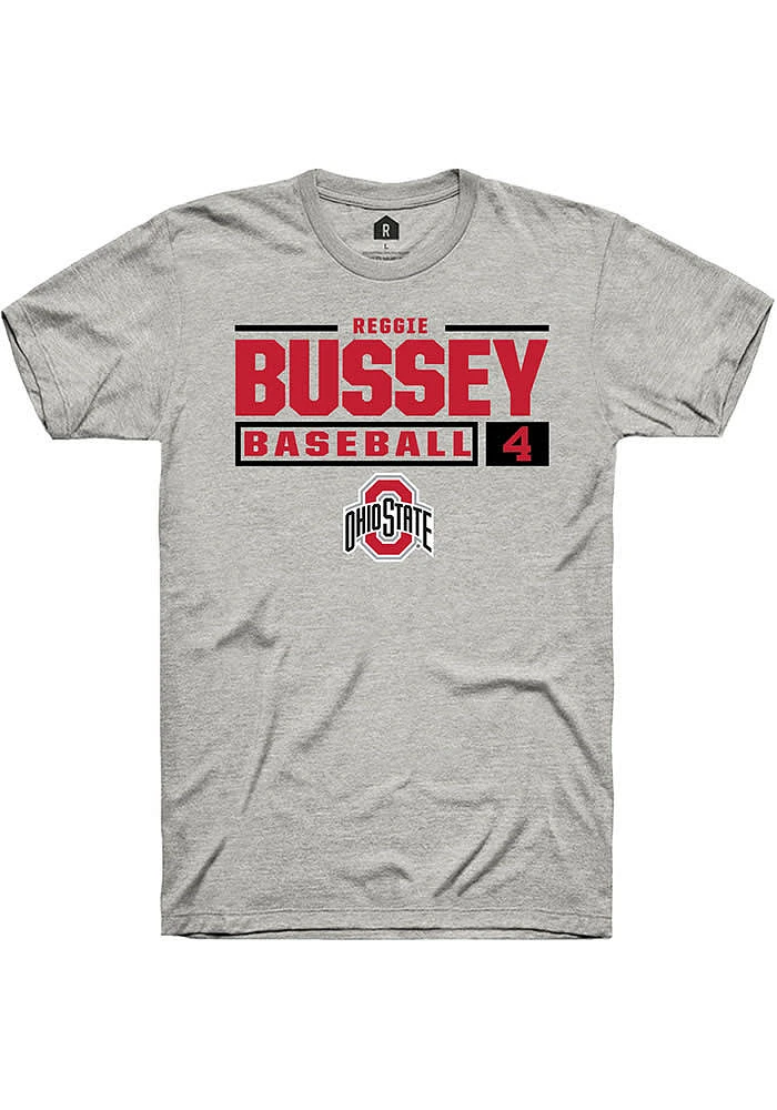 Reggie Bussey Ohio State Buckeyes Ash Rally NIL Stacked Box Short Sleeve T Shirt