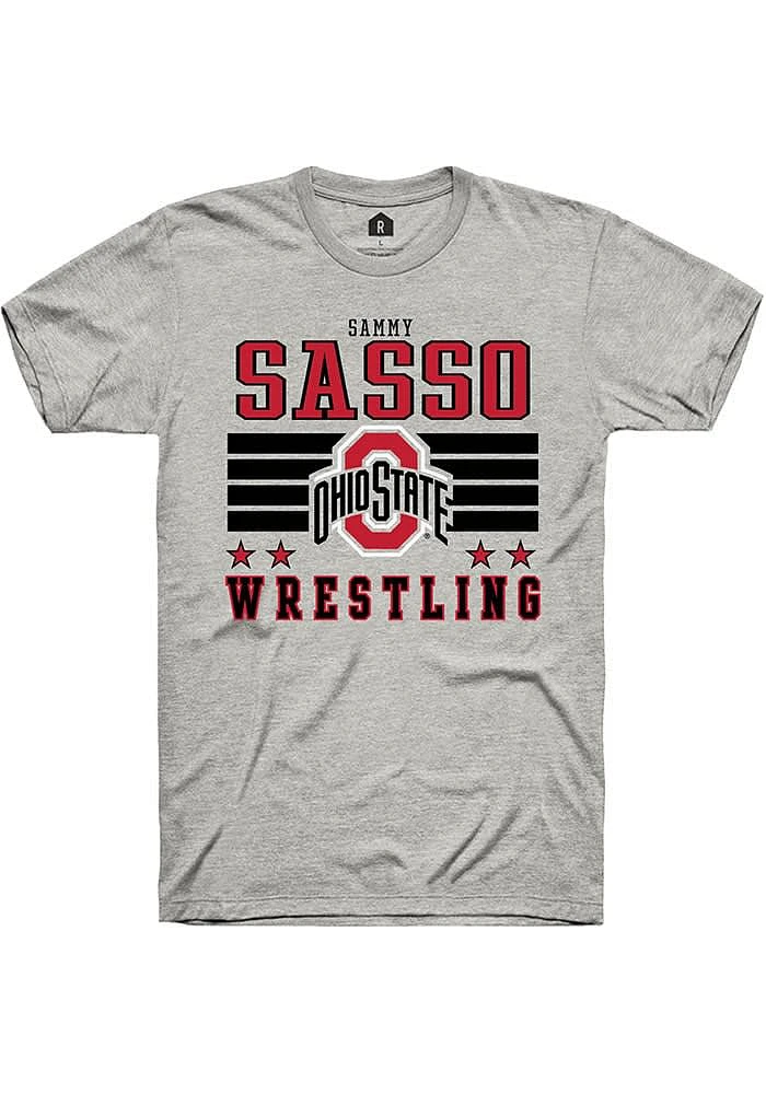 Sammy Sasso Ohio State Buckeyes Ash Rally NIL Striped Short Sleeve T Shirt