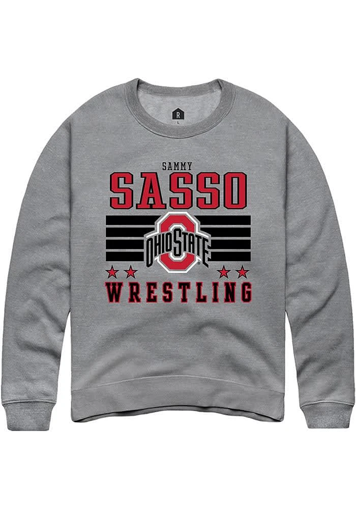 Sammy Sasso Rally Ohio State Buckeyes Mens NIL Striped Long Sleeve Crew Sweatshirt