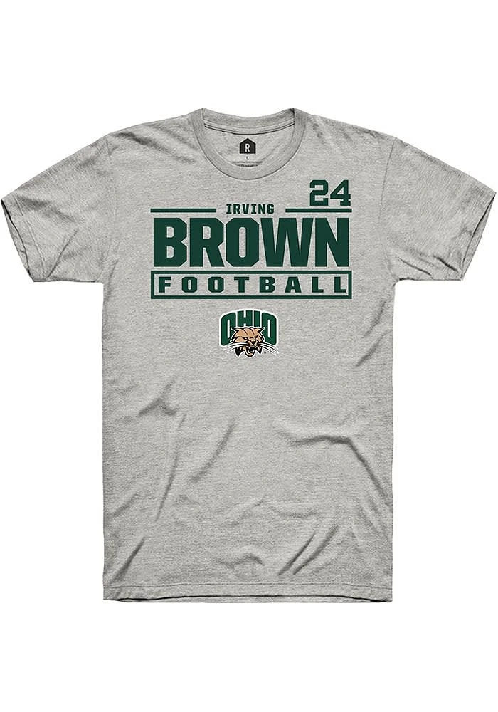 Irving Brown Ohio Bobcats Ash Rally NIL Stacked Box Short Sleeve T Shirt