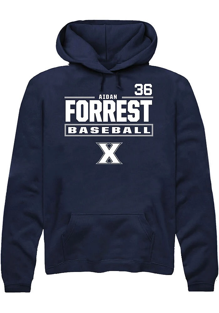 Aidan Forrest Rally Xavier Musketeers Mens Navy Blue NIL Stacked Box Long Sleeve Hoodie