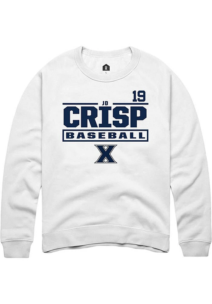 JD Crisp Rally Xavier Musketeers Mens White NIL Stacked Box Long Sleeve Crew Sweatshirt