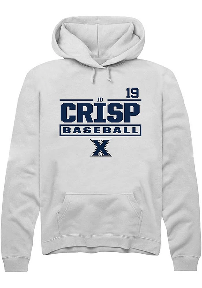 JD Crisp Rally Xavier Musketeers Mens White NIL Stacked Box Long Sleeve Hoodie