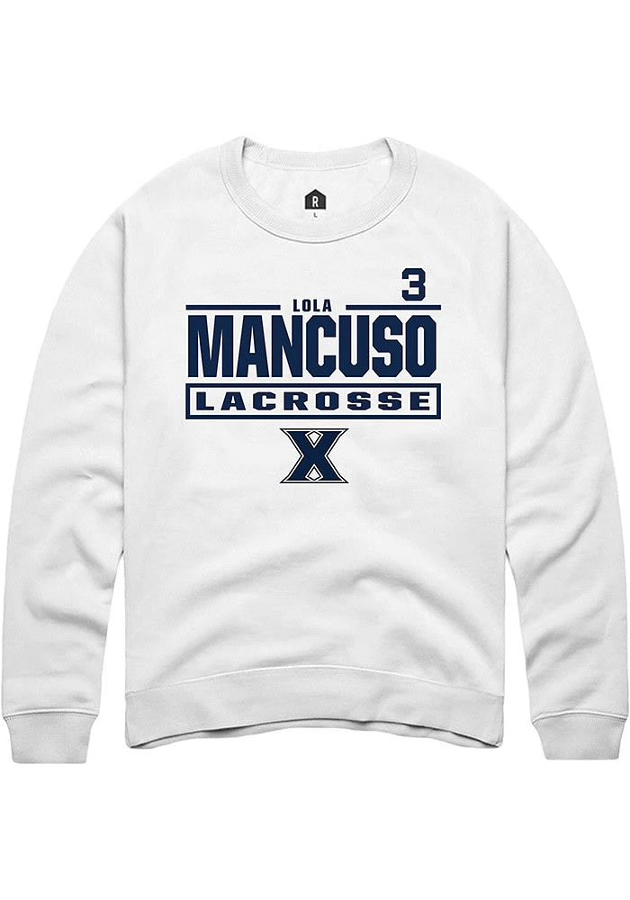 Lola Mancuso  Rally Xavier Musketeers Mens White NIL Stacked Box Long Sleeve Crew Sweatshirt