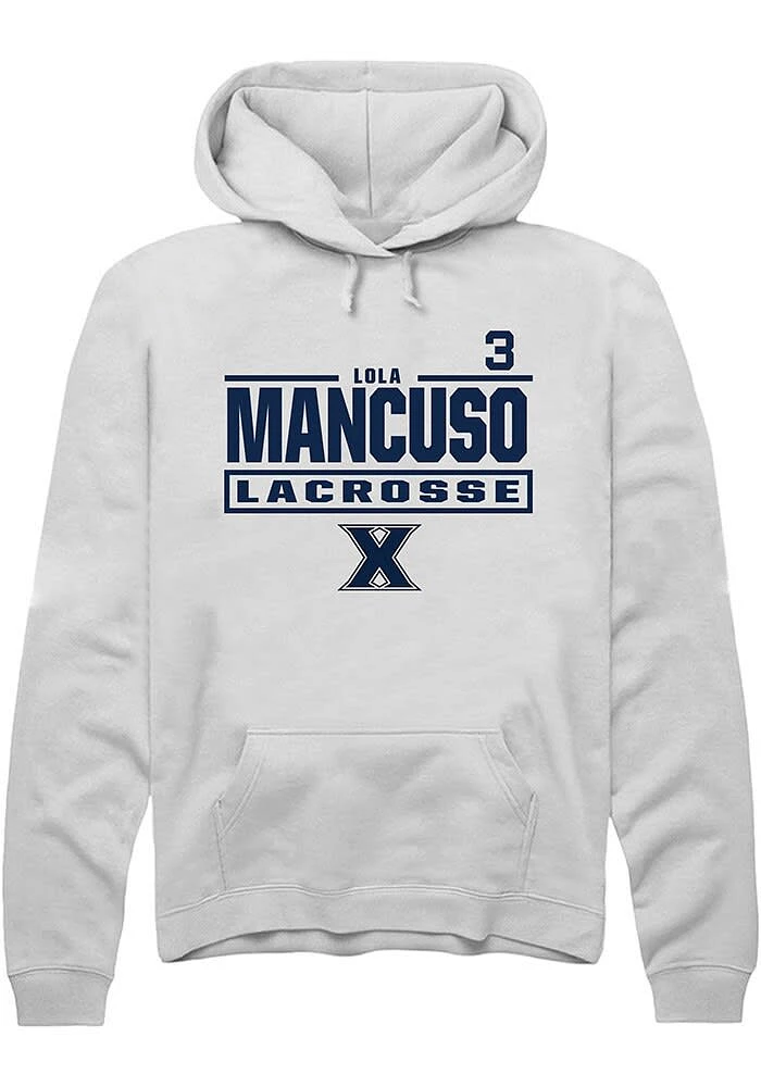 Lola Mancuso Rally Xavier Musketeers Mens White NIL Stacked Box Long Sleeve Hoodie