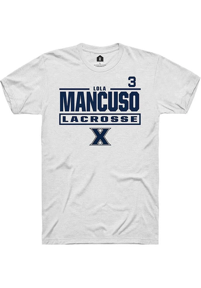 Lola Mancuso Xavier Musketeers White Rally NIL Stacked Box Short Sleeve T Shirt