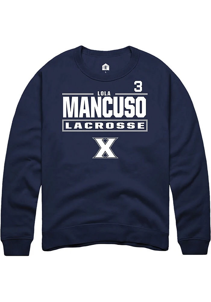 Lola Mancuso Rally Xavier Musketeers Mens Navy Blue NIL Stacked Box Long Sleeve Crew Sweatshirt