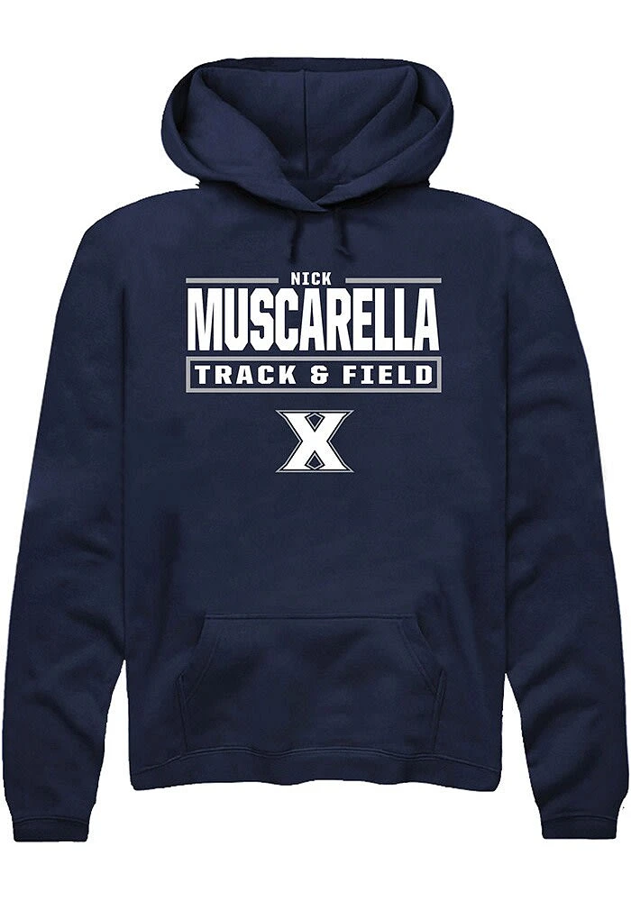 Nick Muscarella Rally Xavier Musketeers Mens Navy Blue NIL Stacked Box Long Sleeve Hoodie