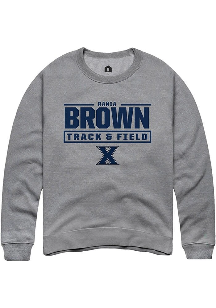 Rania Brown Rally Xavier Musketeers Mens Graphite NIL Stacked Box Long Sleeve Crew Sweatshirt