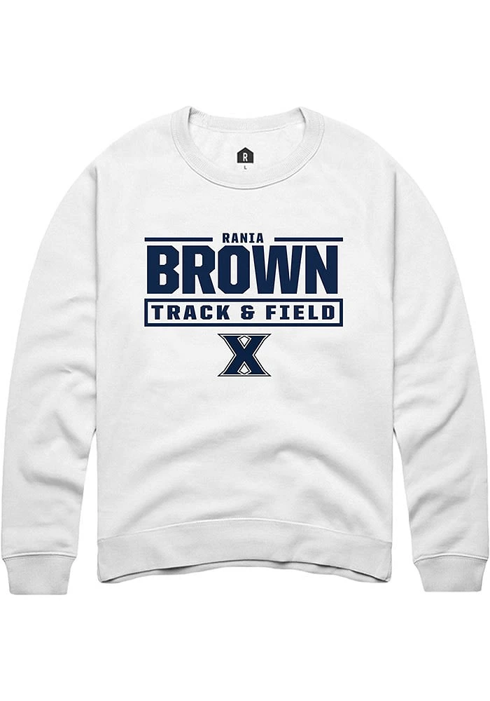 Rania Brown Rally Xavier Musketeers Mens White NIL Stacked Box Long Sleeve Crew Sweatshirt