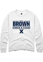 Rania Brown  Rally Xavier Musketeers Mens White NIL Stacked Box Long Sleeve Crew Sweatshirt