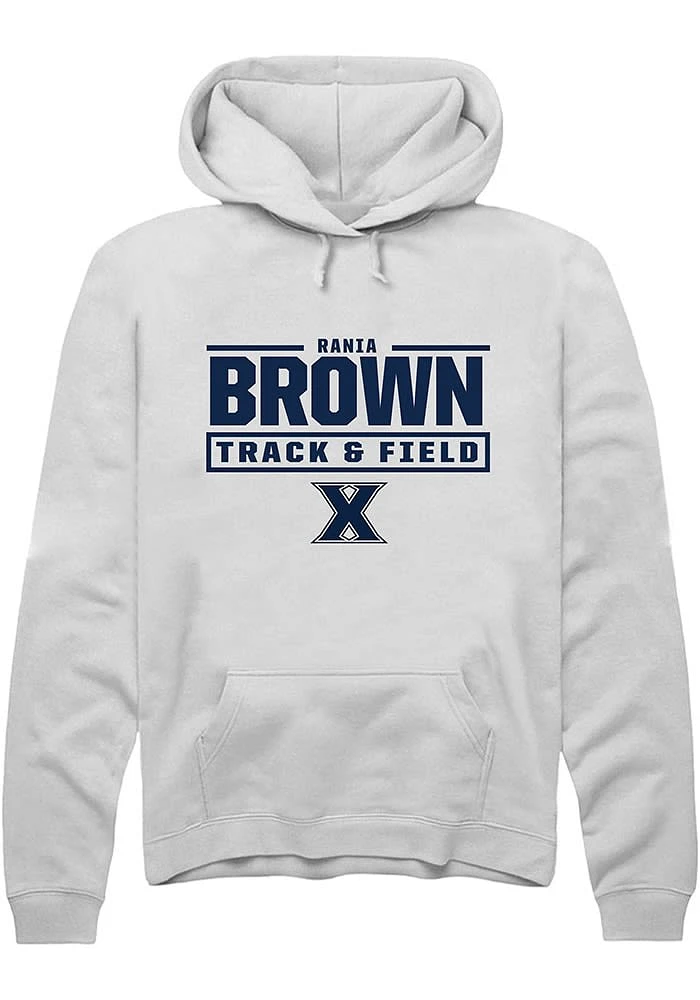 Rania Brown Rally Xavier Musketeers Mens White NIL Stacked Box Long Sleeve Hoodie