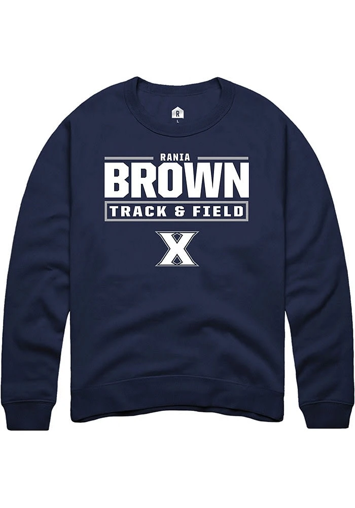 Rania Brown Rally Xavier Musketeers Mens Navy Blue NIL Stacked Box Long Sleeve Crew Sweatshirt