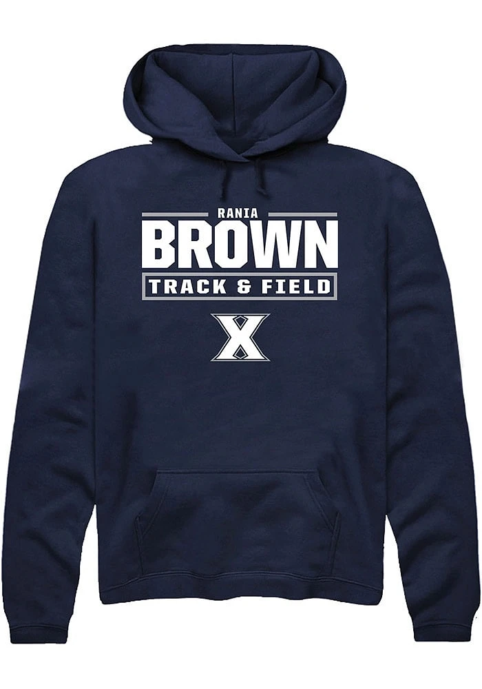 Rania Brown  Rally Xavier Musketeers Mens Navy Blue NIL Stacked Box Long Sleeve Hoodie