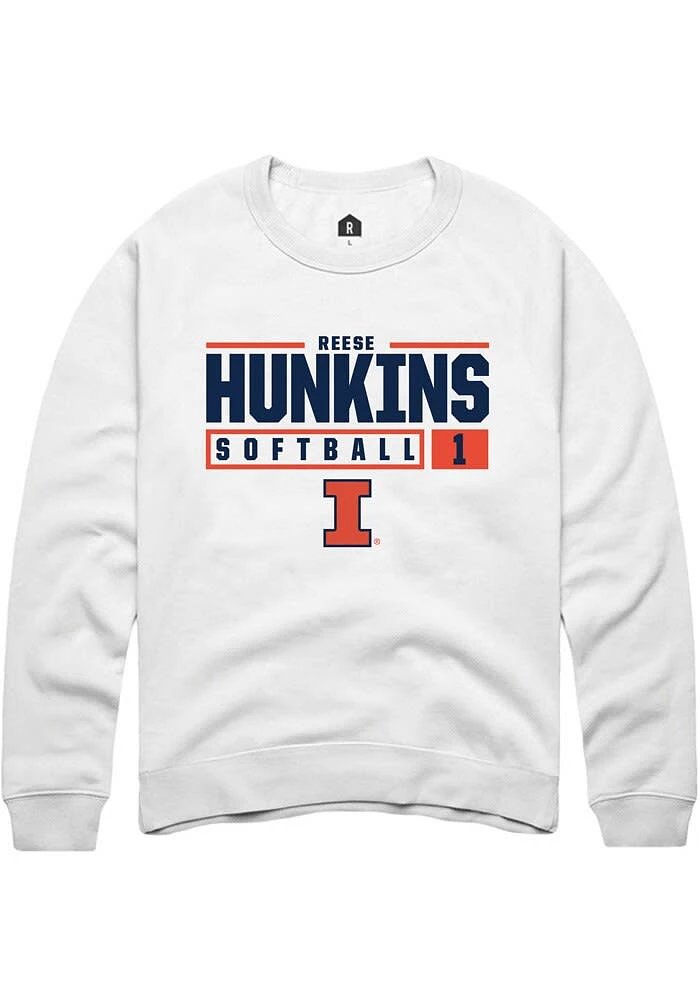 Reese Hunkins Rally Illinois Fighting Illini Mens White NIL Stacked Box Long Sleeve Crew Sweatshi..