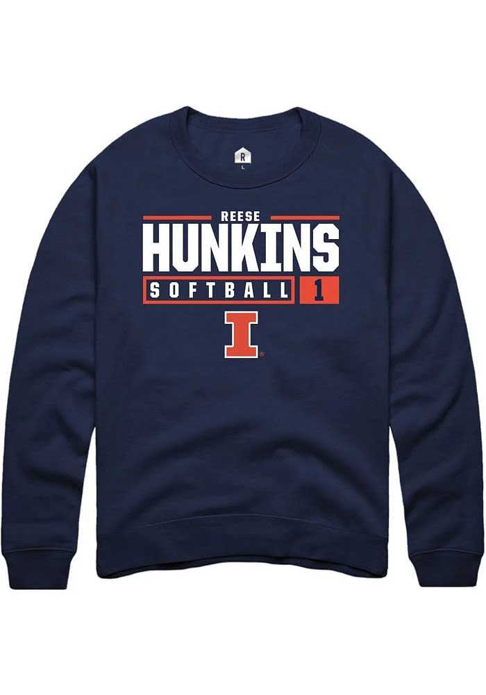 Reese Hunkins Rally Illinois Fighting Illini Mens Navy Blue NIL Stacked Box Long Sleeve Crew Swea..