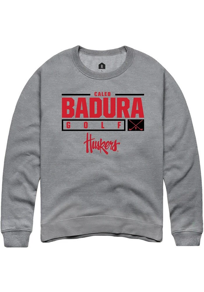Caleb Badura Rally Nebraska Cornhuskers Mens Graphite NIL Stacked Box Long Sleeve Crew Sweatshirt