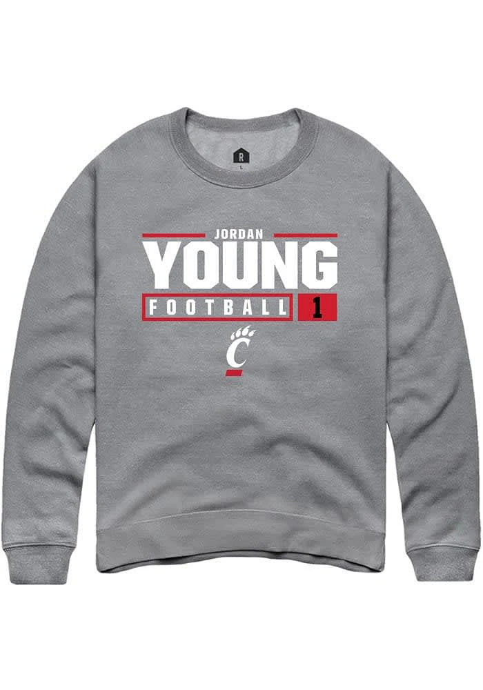 Jordan Young  Rally Cincinnati Bearcats Mens Graphite NIL Stacked Box Long Sleeve Crew Sweatshir..